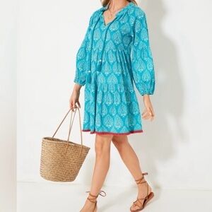 Tuckernuck Tropical Teal Lantern Block Print Tie Neck Caftan Size M NEW Boho